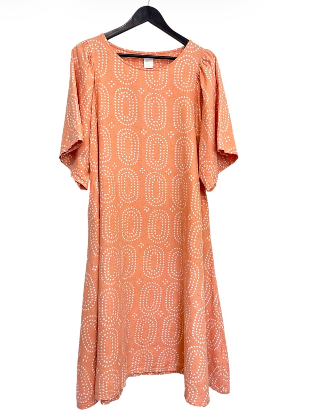 Bird 100% Linen Oversized Shift Dress Peach Patterned / Modest - XS/S